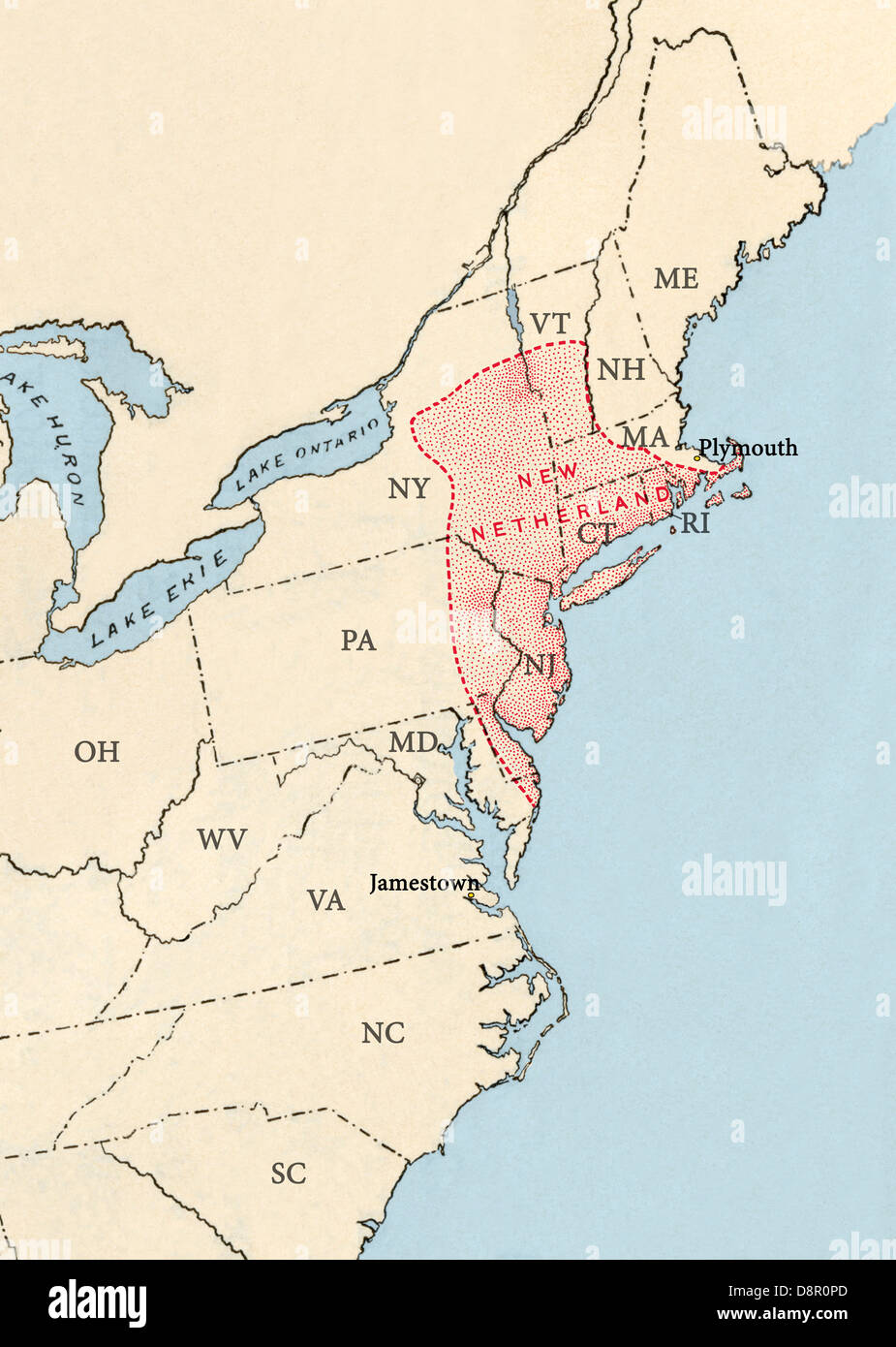 Territorio coloniale rivendicato dagli olandesi nel 1665 rappresentata sovrapposta sul presente degli stati degli Stati Uniti. Creata digitalmente illustrazione Foto Stock