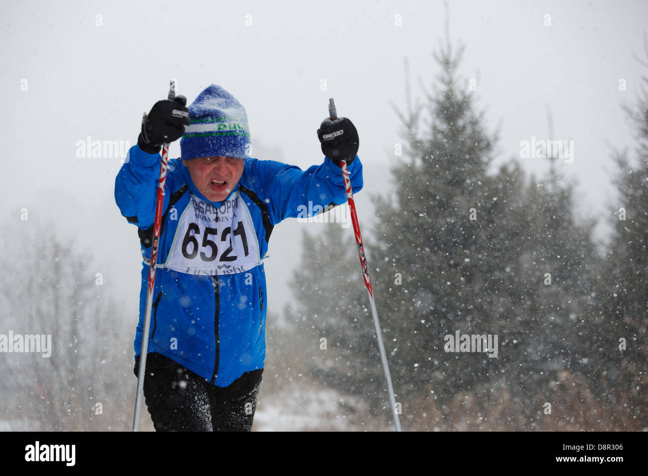 La neve cade come Wally Avello sci in Mora Vasaloppet 42 km categoria classic il 10 febbraio 2013 vicino a Mora, Minnesota. Foto Stock