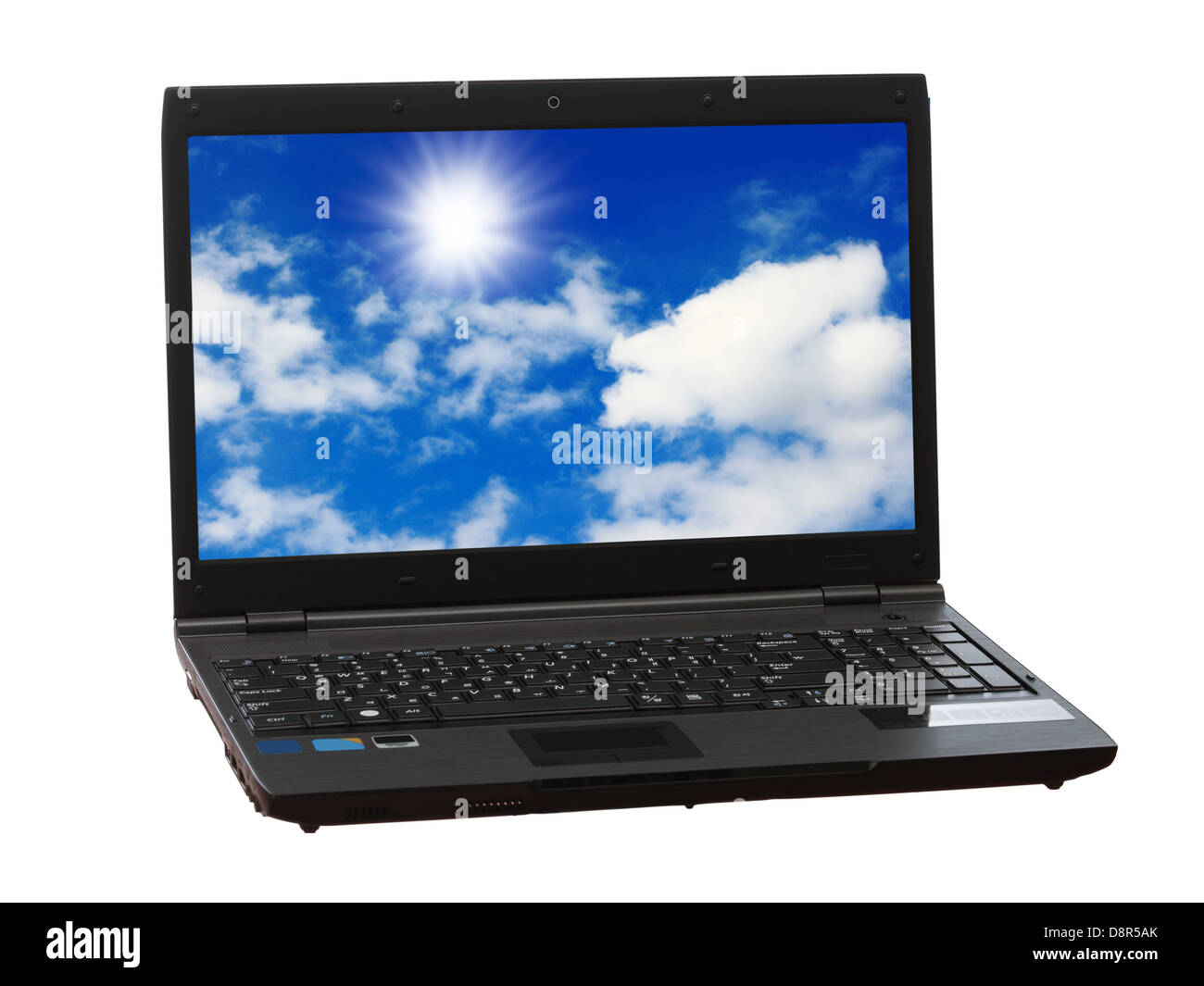 Il modello più recente di laptop moderno isolato su bianco con cielo blu come sfondo del monitor Foto Stock