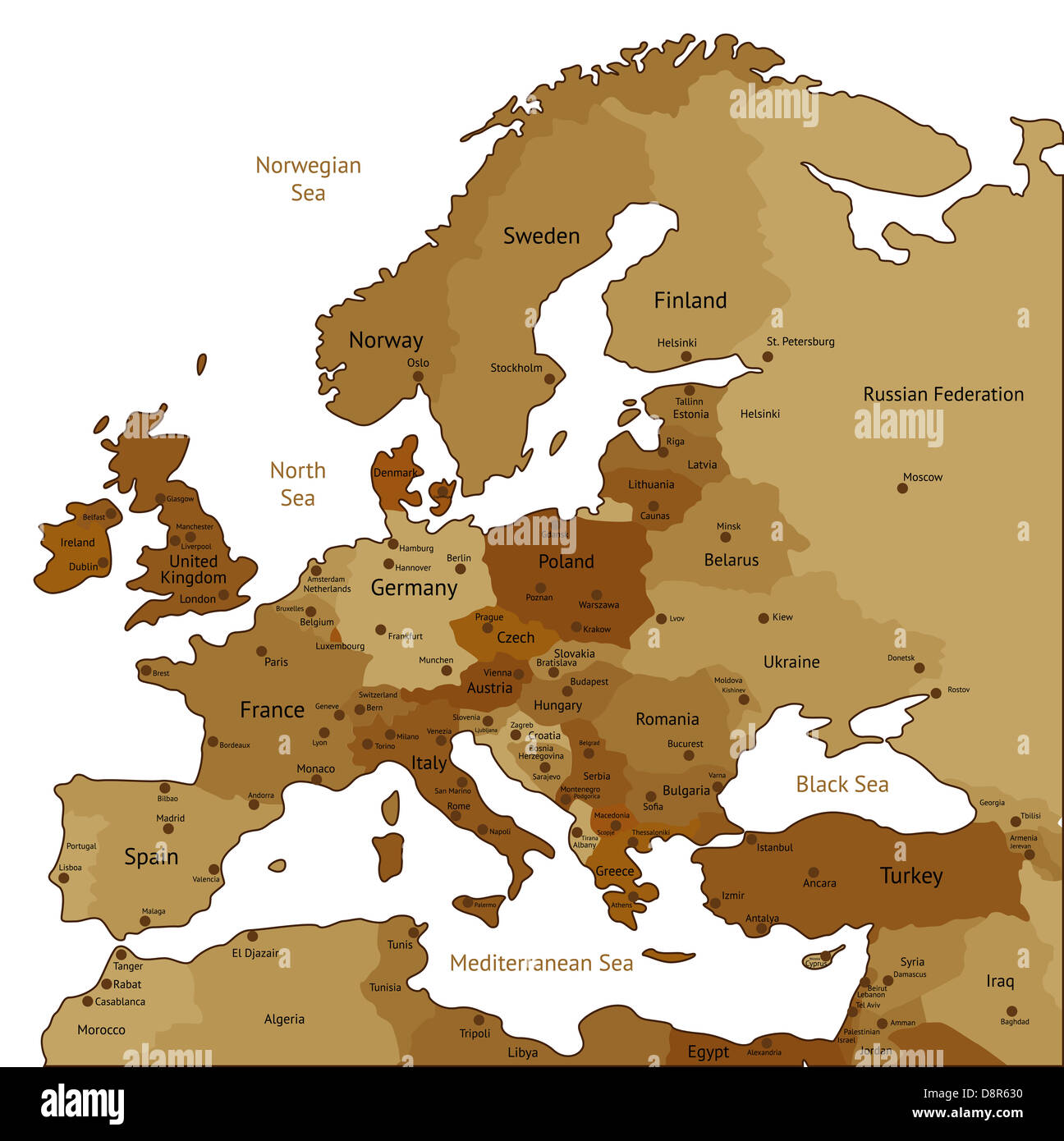 Europa mappa di marrone seppia colori. Foto Stock
