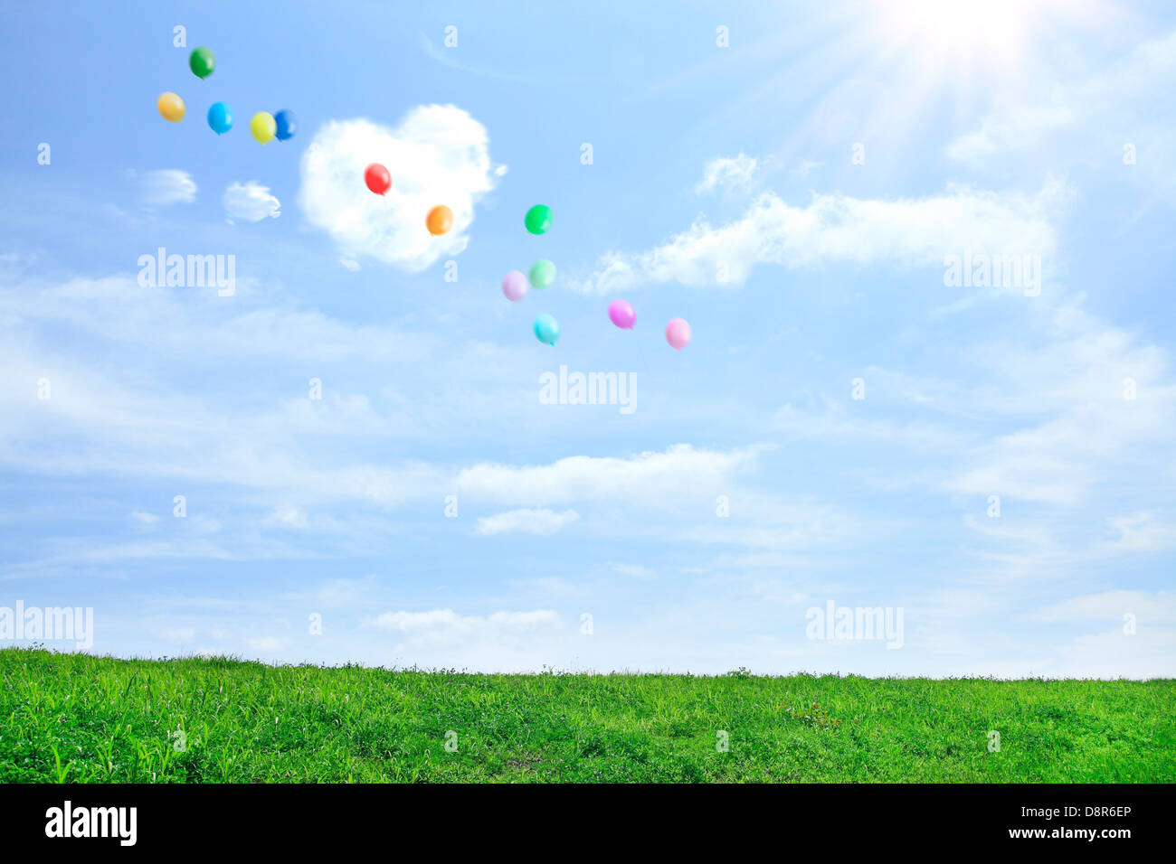 Pascoli ed il cielo con palloncini volanti Foto Stock