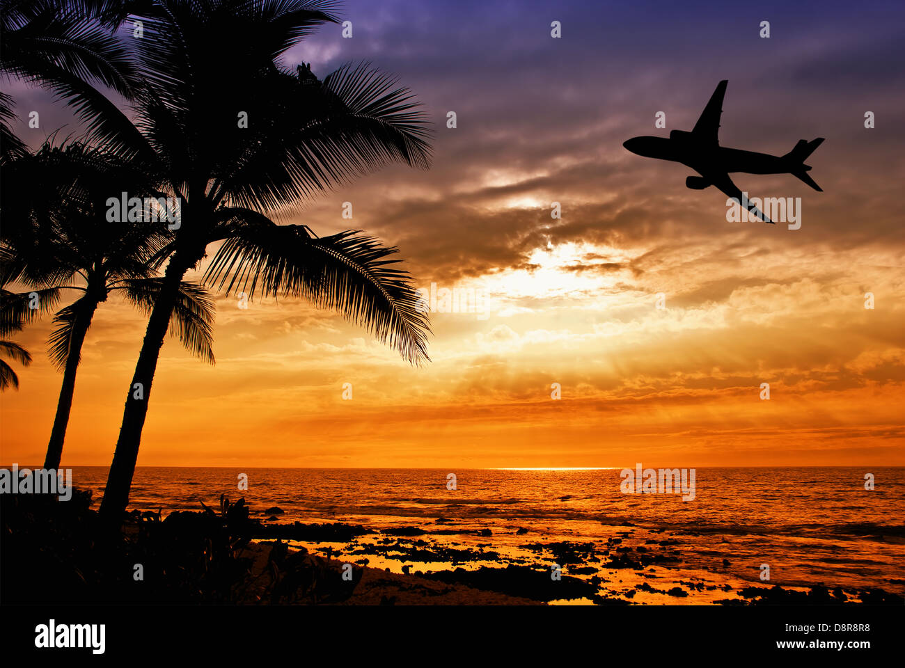 Tramonto tropicale con palme e aereo sagome in Hawaii. Viaggi e vacanze concetto. Foto Stock