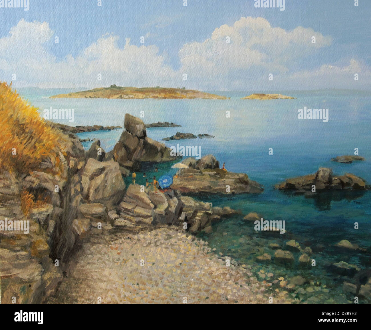 Un dipinto ad olio su tela di una luminosa estate seascape con i turisti a prendere il sole sulle rocce vicino a Sozopol in Bulgaria. Foto Stock