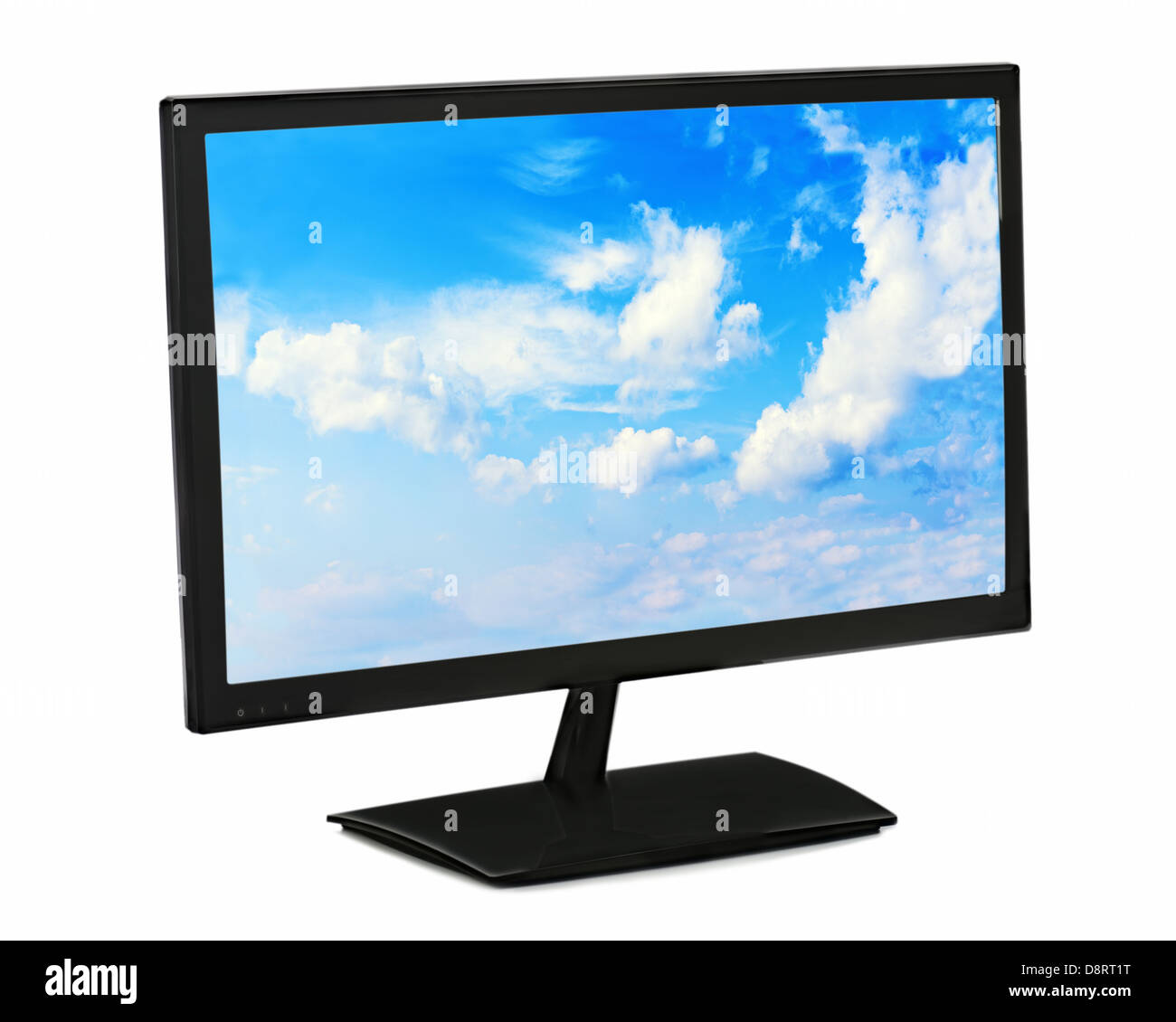 Nero monitor lcd con cielo blu isolato su sfondo bianco. Primo piano. Foto Stock