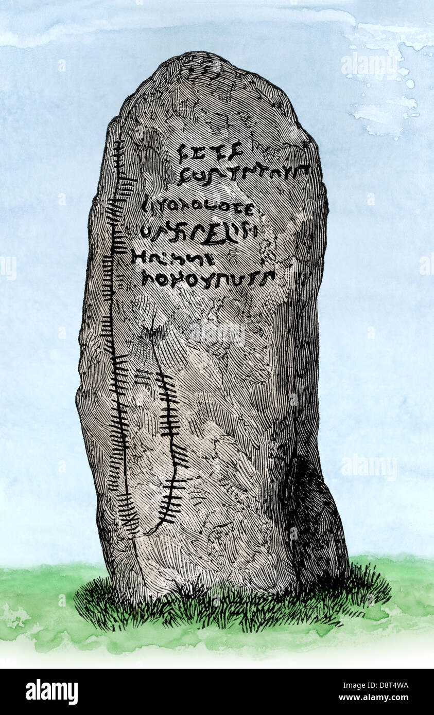 Ogham iscrizione su una pietra a Newton, Aberdeenshire, Scozia. Colorate a mano la xilografia Foto Stock