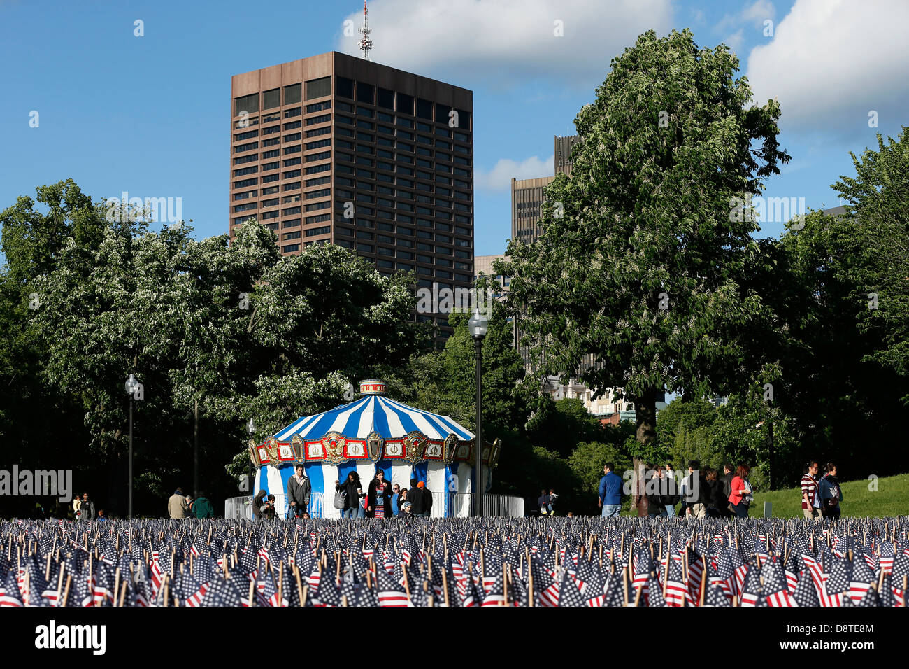Giostra su Boston Common, Boston, Massachusetts, con un mare di bandiere per il Memorial Day Foto Stock