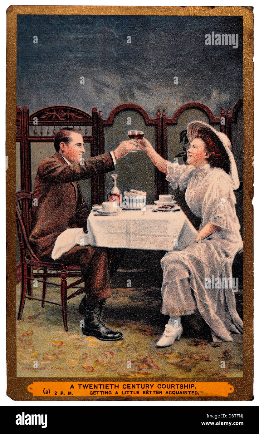 Matura nel ristorante La tostatura a vicenda con bicchieri di vino, 'un ventesimo secolo corteggiamento', circa 1901 Foto Stock