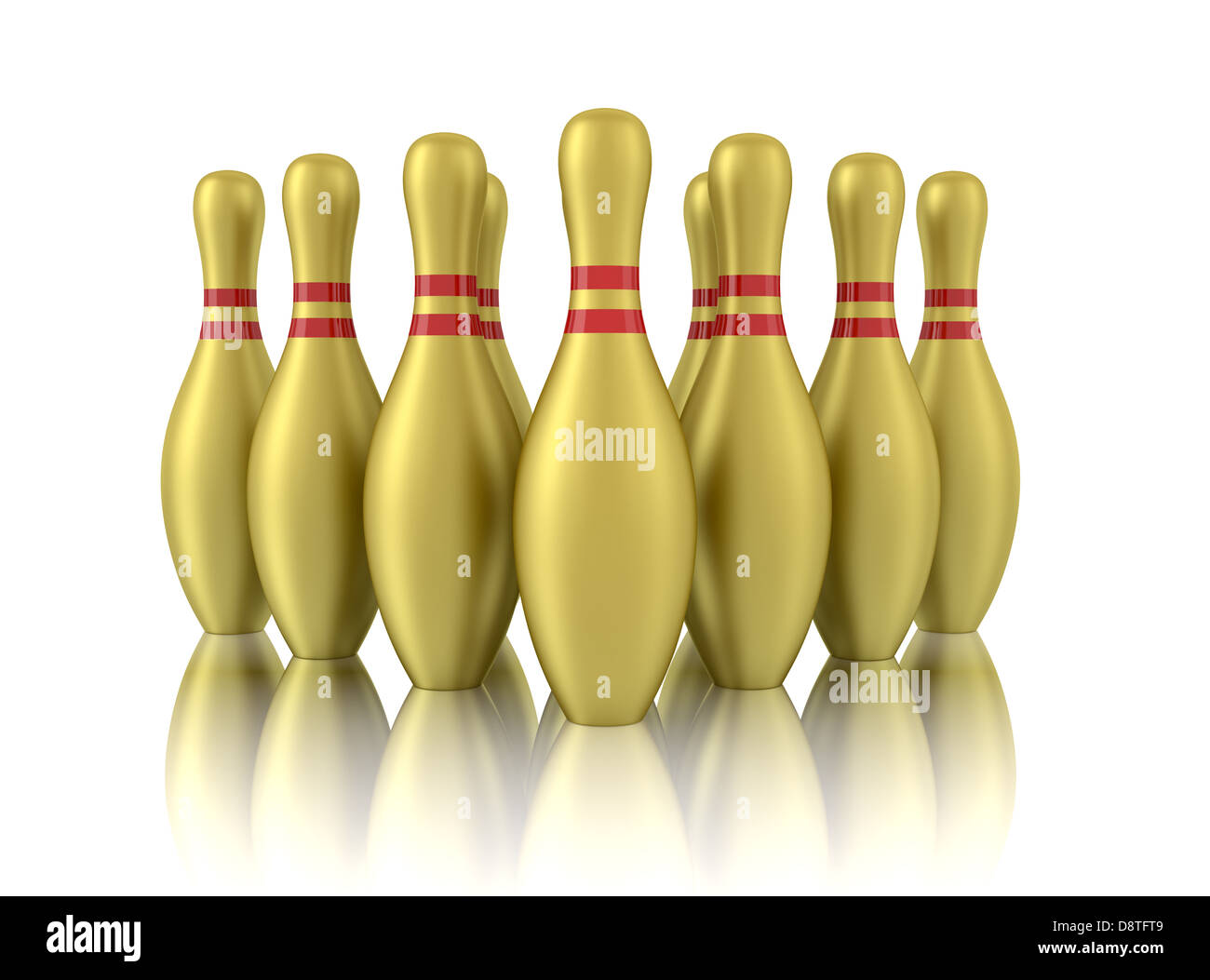 Dieci golden bowling pin isolato su bianco Foto Stock