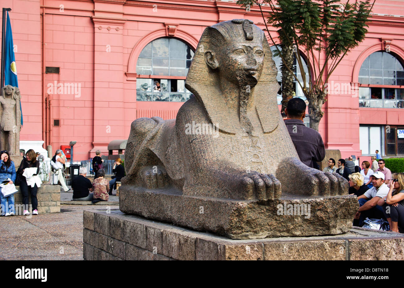 La sfinge di granito statua all'ingresso del Museo delle Antichità Egizie al Cairo, Egitto Foto Stock