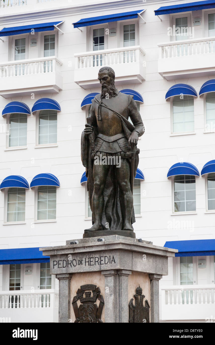 Pedro de Heredia statua, Plaza de los Coches, Cartagena, Colombia Foto Stock