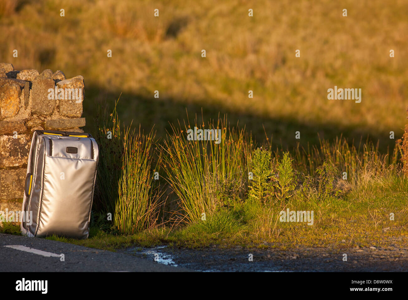 Un rullo di argento borsa sul lato della strada da soli in Galles Foto Stock