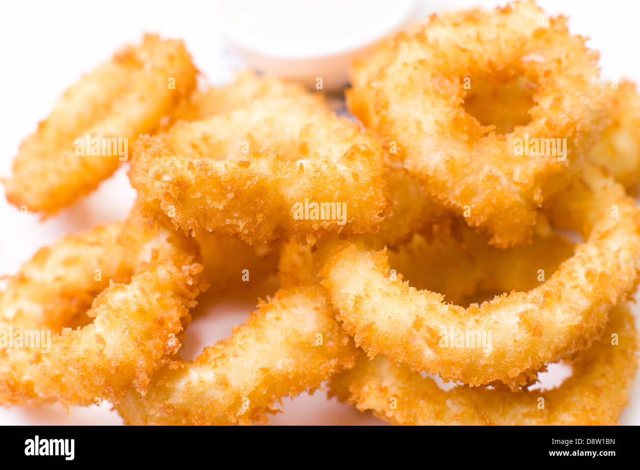 Anelli di totano, fritti in pastella, macro Foto Stock