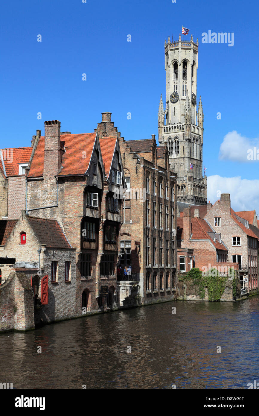 Belgio, Bruges, Belfry, canal scena, Foto Stock Belgio, Bruges, Belfry, canal scena, Foto Stock