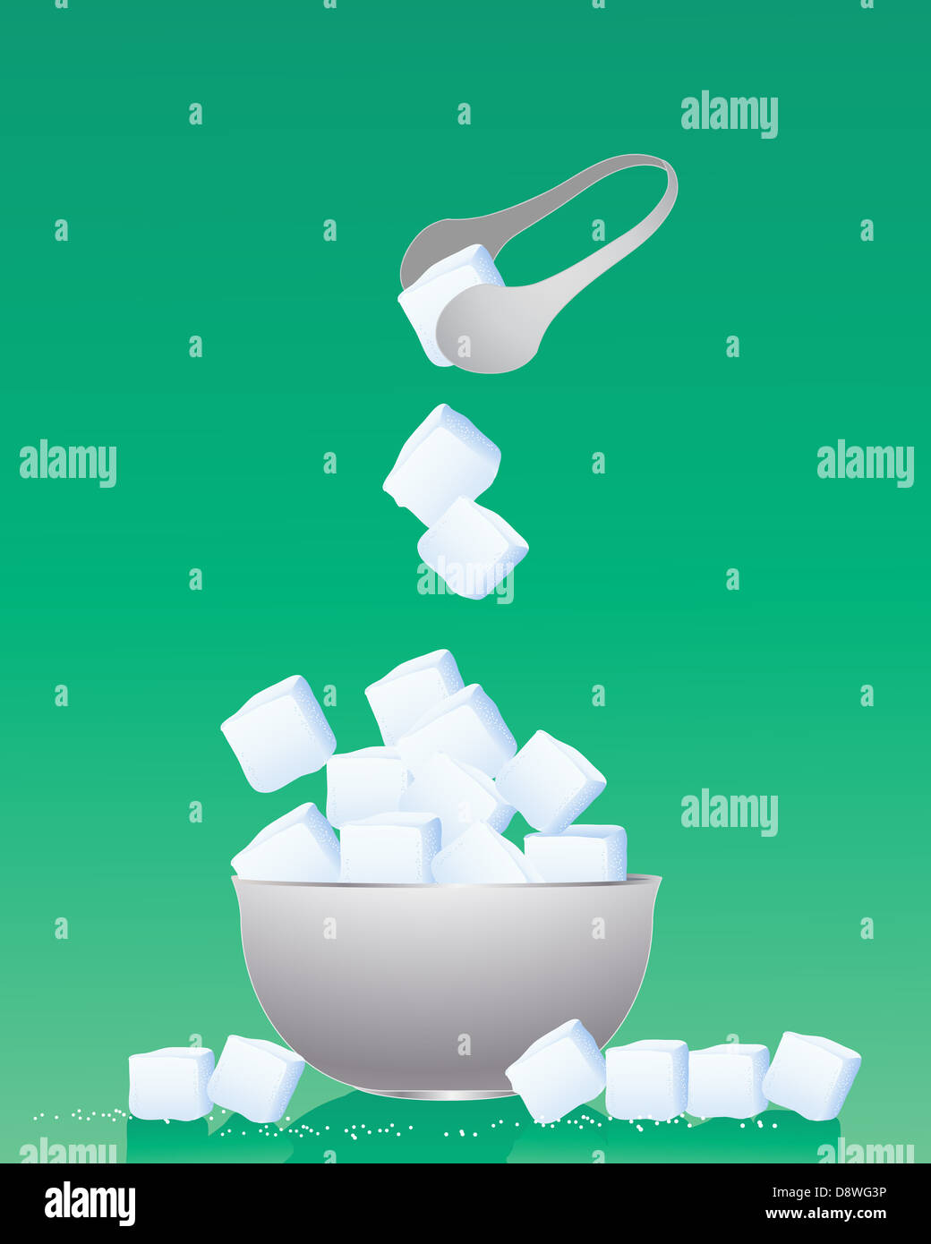 Una illustrazione di una ciotola di cubetti di zucchero con pinze in metallo e granuli su uno sfondo verde Foto Stock