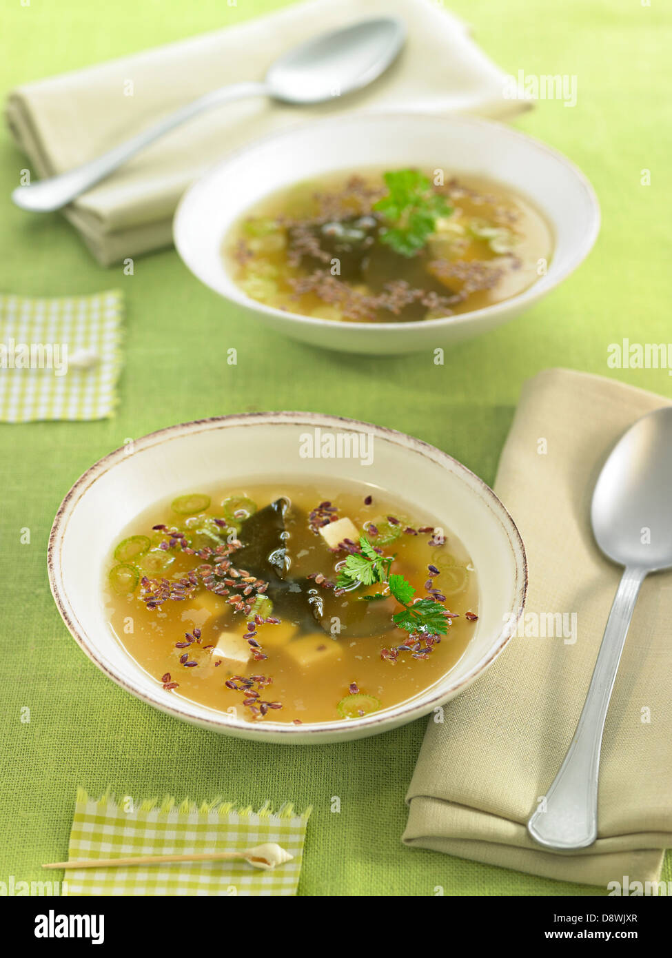 Zuppa di miso con tofu e i semi di lino Foto Stock