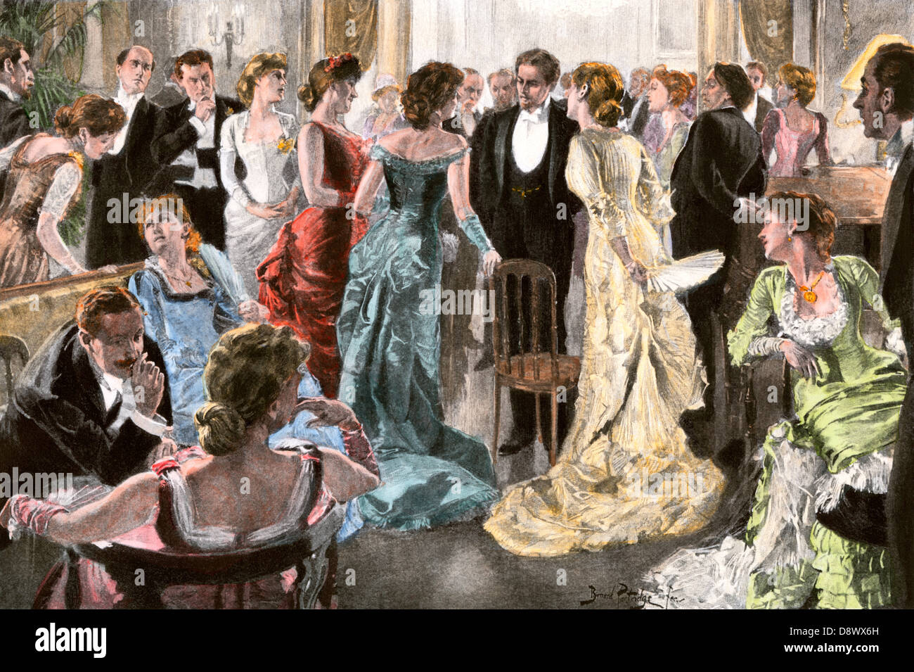 La reception per introdurre un giovane uomo alla società, circa 1900. Colorate a mano di mezzitoni una illustrazione Foto Stock