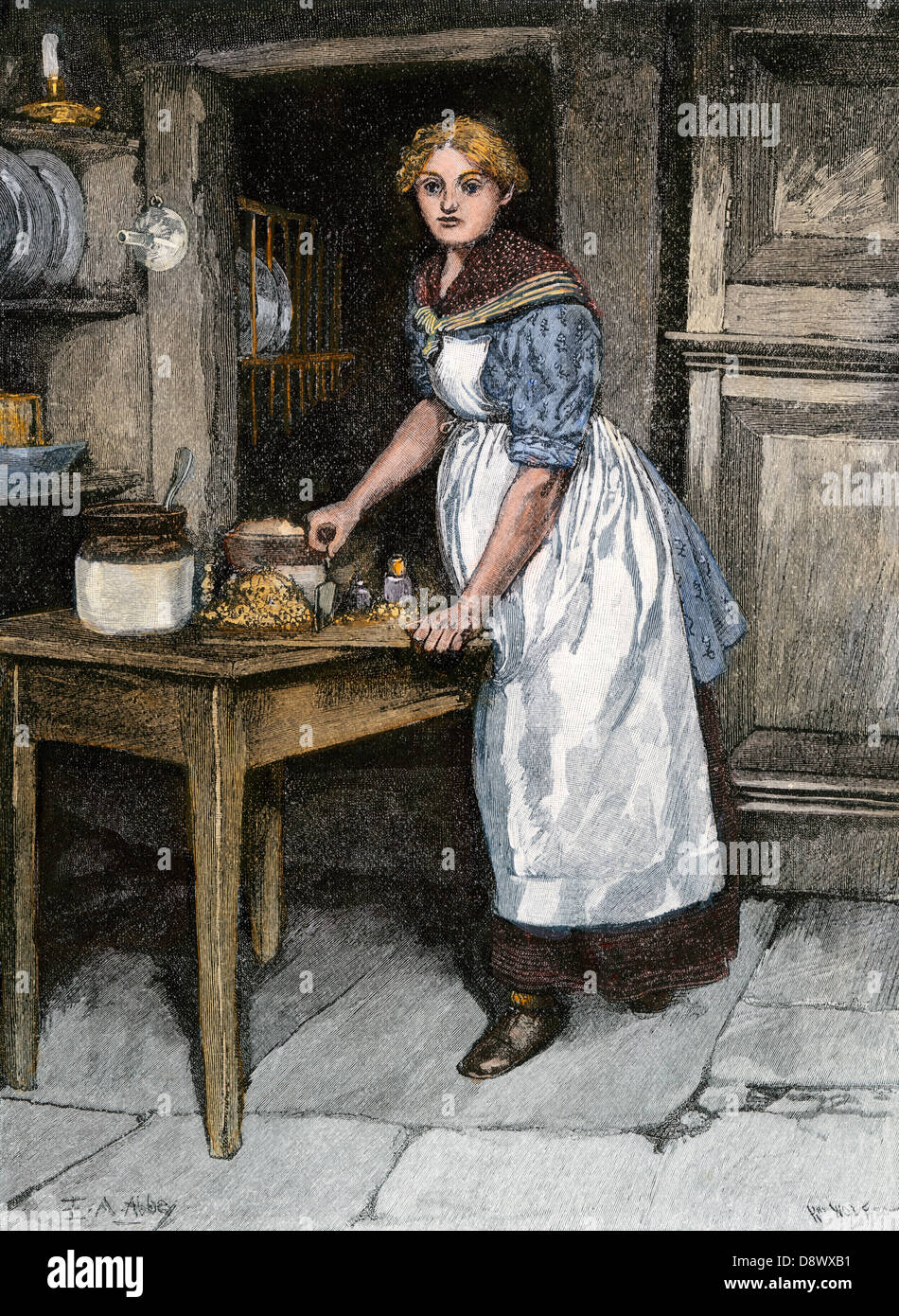 Tritare gli ingredienti per haggis in Scozia, 1800s. Colorate a mano la xilografia di E. A. Abbey illustrazione Foto Stock