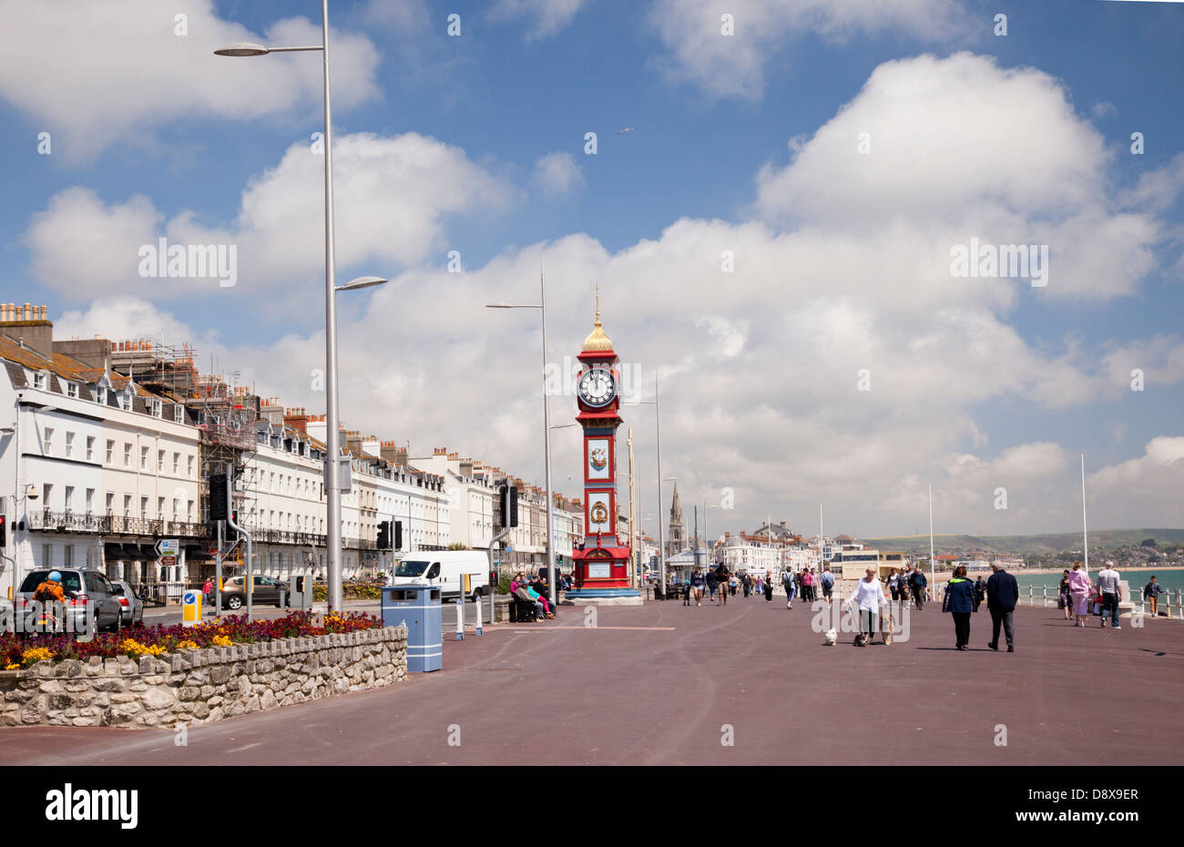 Weymouth Esplanade con Jubilee Clock Tower, Dorset, Inghilterra, Regno Unito Foto Stock