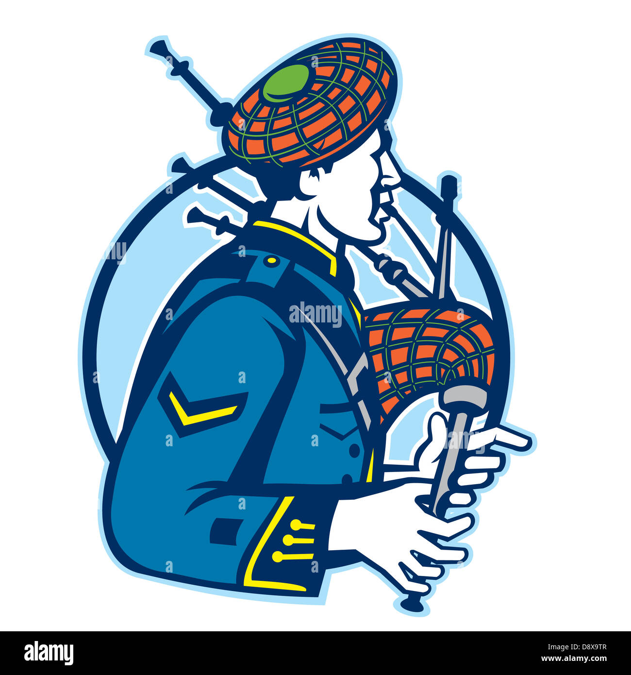 Illustrazione di un scotsman bagpiper riproduzione di cornamuse visto dal lato impostato all'interno del cerchio. Foto Stock