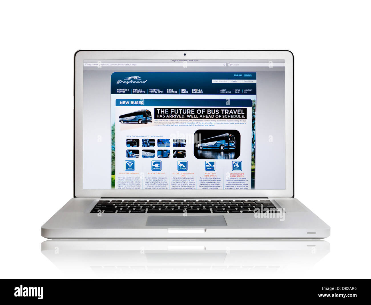 Schermo portatile che mostra degli autobus Greyhound sito web Foto Stock