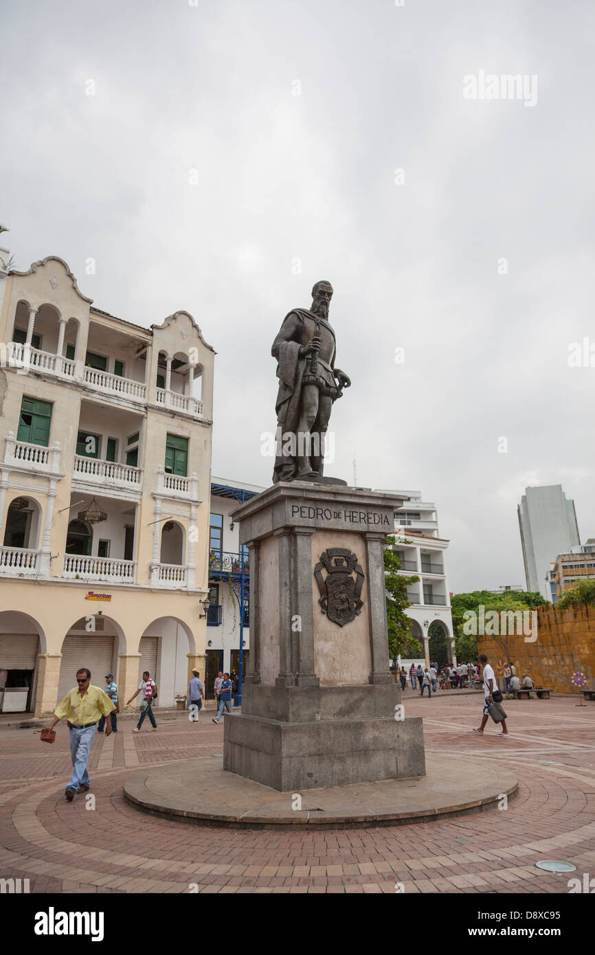 Pedro de Heredia statua, Plaza de los Coches, Cartagena, Colombia Foto Stock