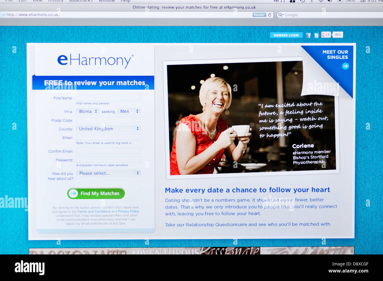British eHarmony online dating website Foto Stock
