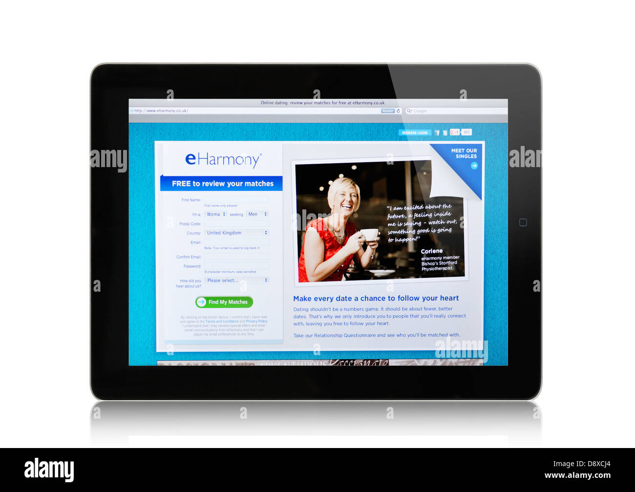 British eHarmony online dating website su iPad Foto Stock