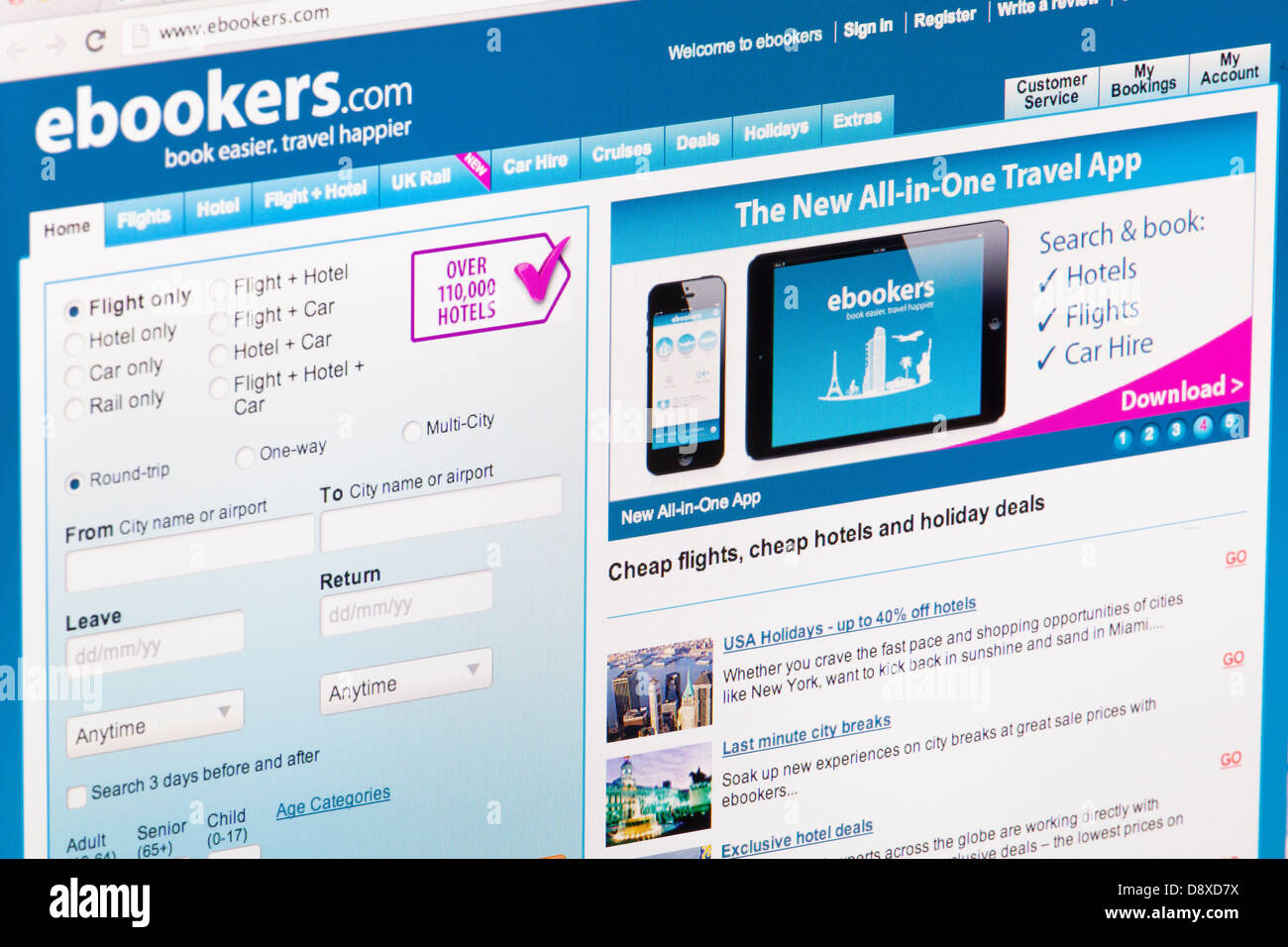 EBookers Travel Sito Web o una pagina web su uno schermo di computer portatile o sul monitor di un computer Foto Stock