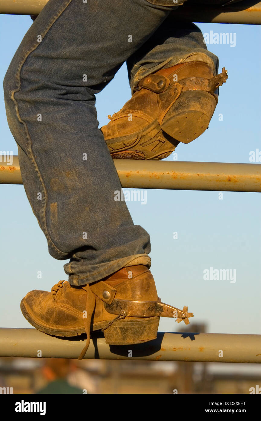 Stivali su rotaia, Santiam Canyon Stampede Rodeo, sublime, Oregon Foto Stock