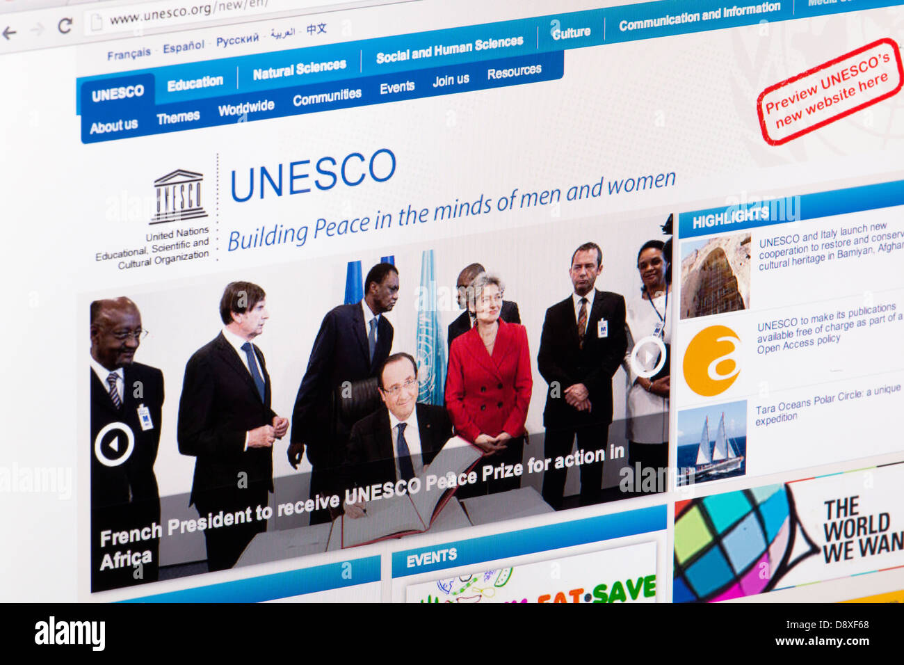 UNESCO homepage sito o pagina web su uno schermo di computer portatile o sul monitor di un computer Foto Stock