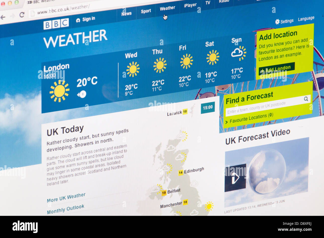 BBC Meteo Home Page Sito o pagina web su uno schermo di computer portatile o sul monitor di un computer Foto Stock
