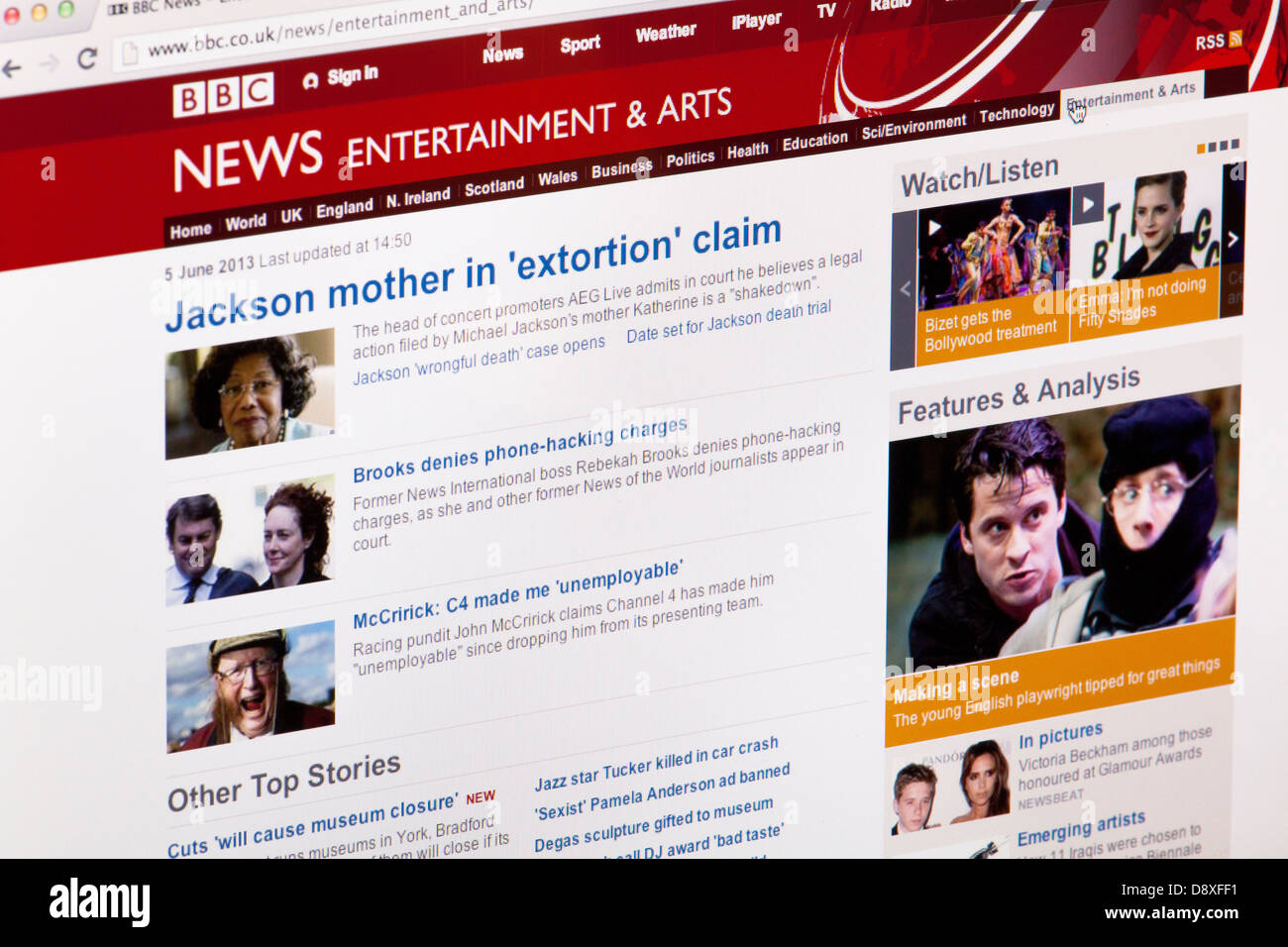BBC News Entertainment e Arti Home Page Sito o pagina web su uno schermo di computer portatile o sul monitor di un computer Foto Stock