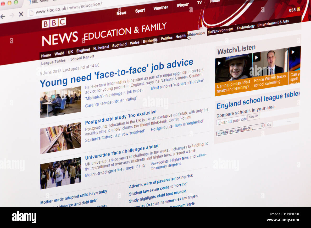 BBC News istruzione e famiglia home page sito o pagina web su uno schermo di computer portatile o sul monitor di un computer Foto Stock