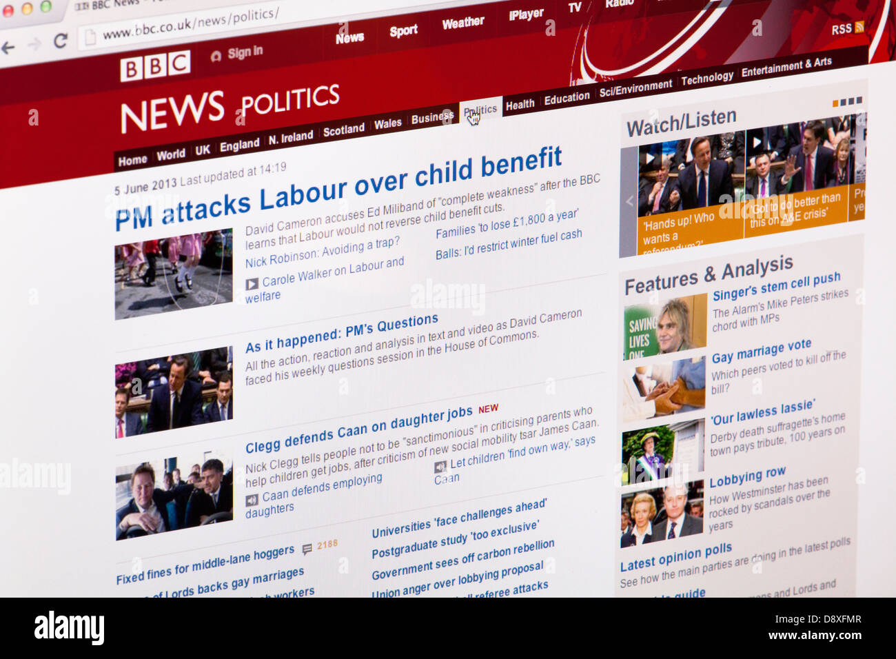 BBC News Politica Home page sito o pagina web su uno schermo di computer portatile o sul monitor di un computer Foto Stock