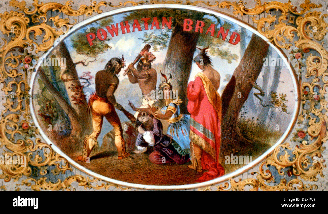 Marca Powhatan - tabacchi del Package Label mostra Pocahontas provenienti per la difesa del Cap. John Smith e attraente per il suo padre, Chief Powhatan, di riserva la sua vita, nel 1860 circa Foto Stock