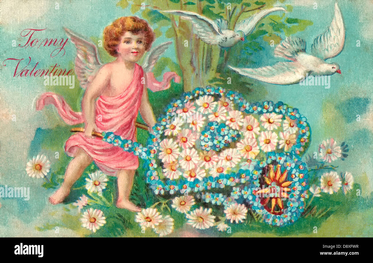 A mio Valentine - Cupido spingendo floral carriola conformata come un cuore - Scheda Vintage Foto Stock