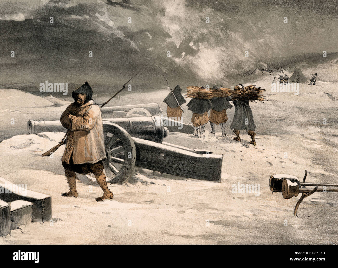 Sentinella del Zouaves, prima di Sebastopoli. Un soldato di guardia ad una batteria francese con coperta di neve cannoni e Zouaves portando fasci di legno per un camp in background. Guerra di Crimea, 1855 Foto Stock