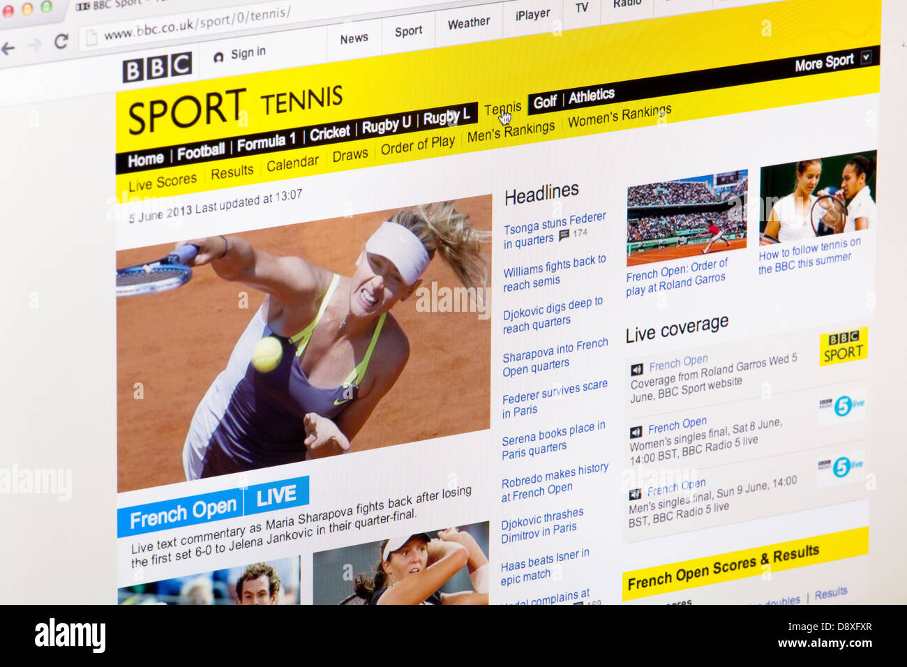 BBC Tennis homepage sito o pagina web su uno schermo di computer portatile o sul monitor di un computer Foto Stock