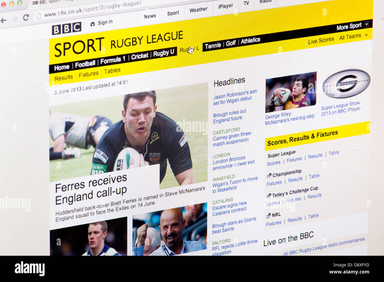 BBC Sport Rugby League home page sito o pagina web su uno schermo di computer portatile o sul monitor di un computer Foto Stock