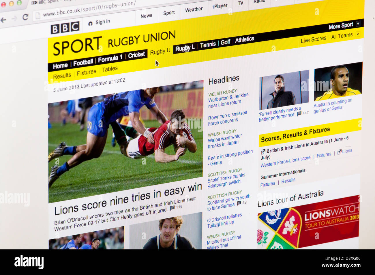 BBC Sport Rugby Union home page sito o pagina web su uno schermo di computer portatile o sul monitor di un computer Foto Stock