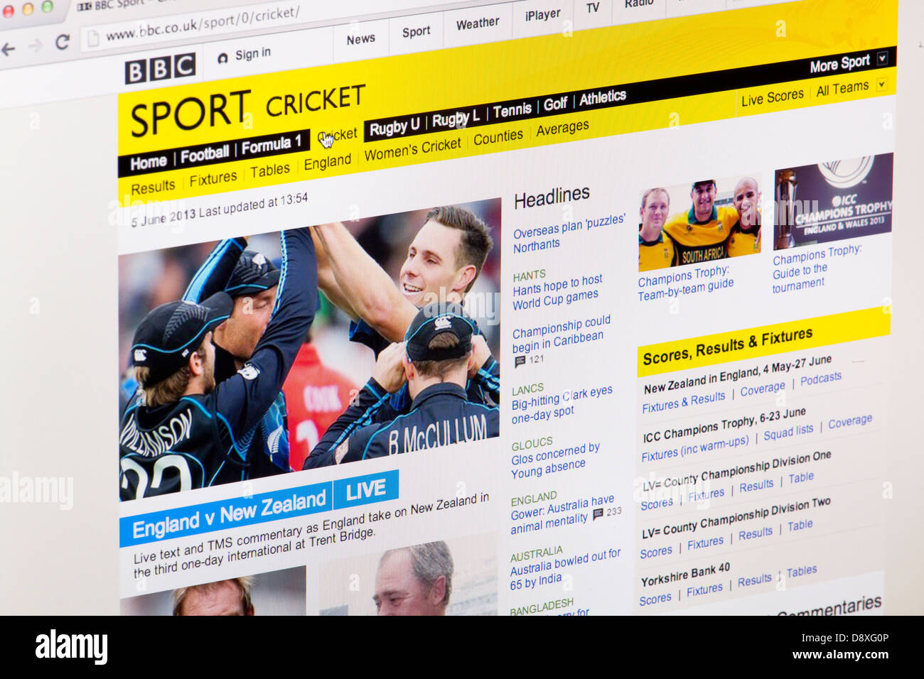 BBC Sport Cricket Home Page Sito o pagina web su uno schermo di computer portatile o sul monitor di un computer Foto Stock