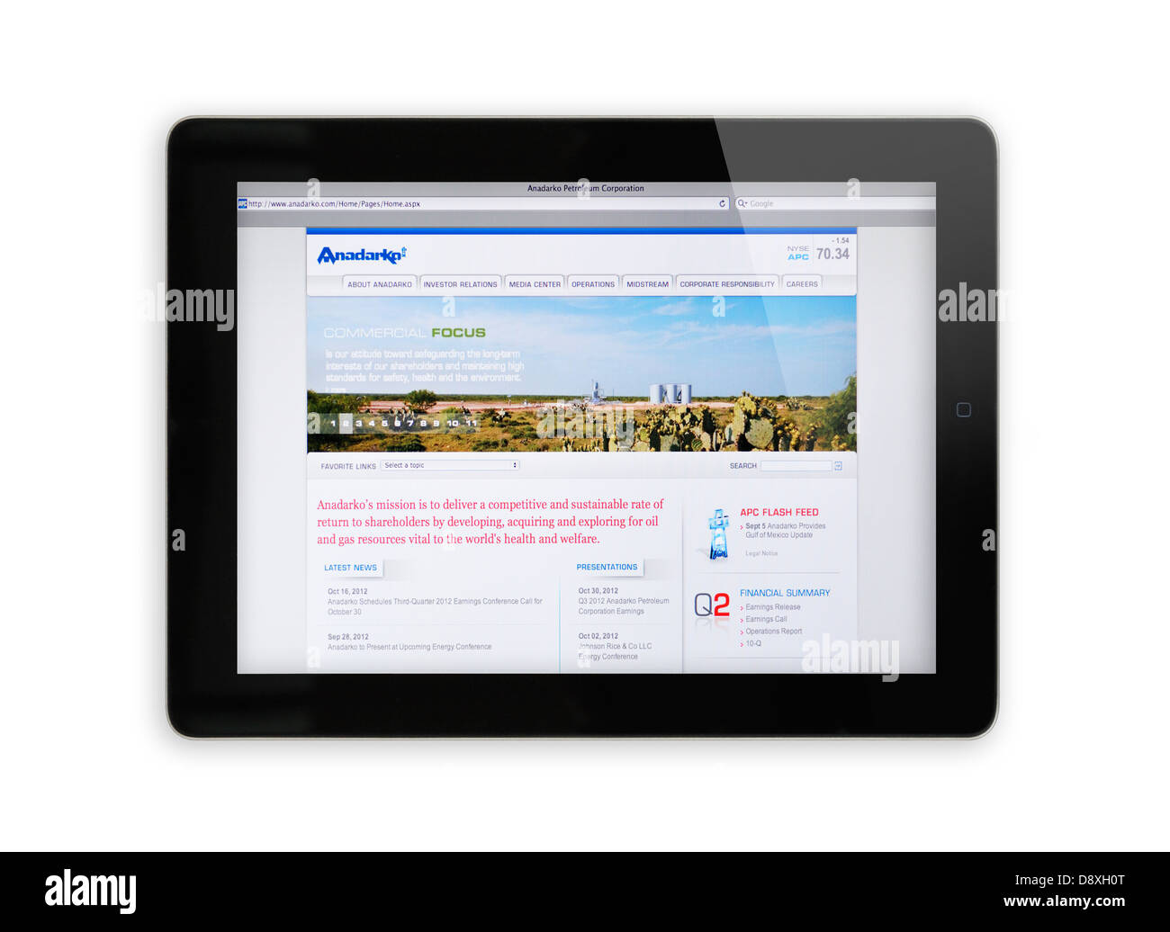 Anadarko Petroleum Corporation sito web su iPad - petrolio e gas company Foto Stock