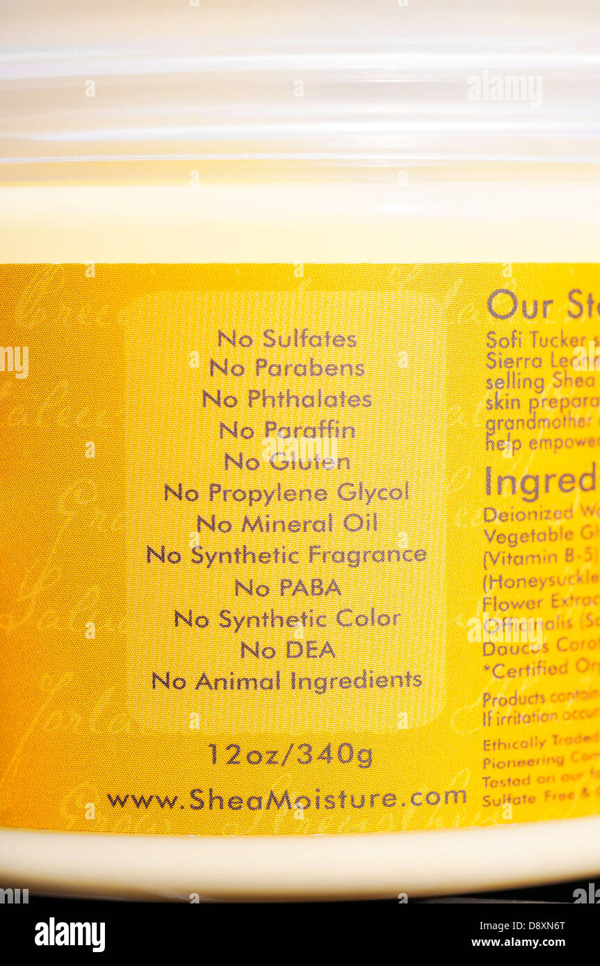 Contenitore per capelli salute info: non solfati, parabeni, ftalati, paraffina, glutine, olio minerale e altri ingredienti nocivi Foto Stock