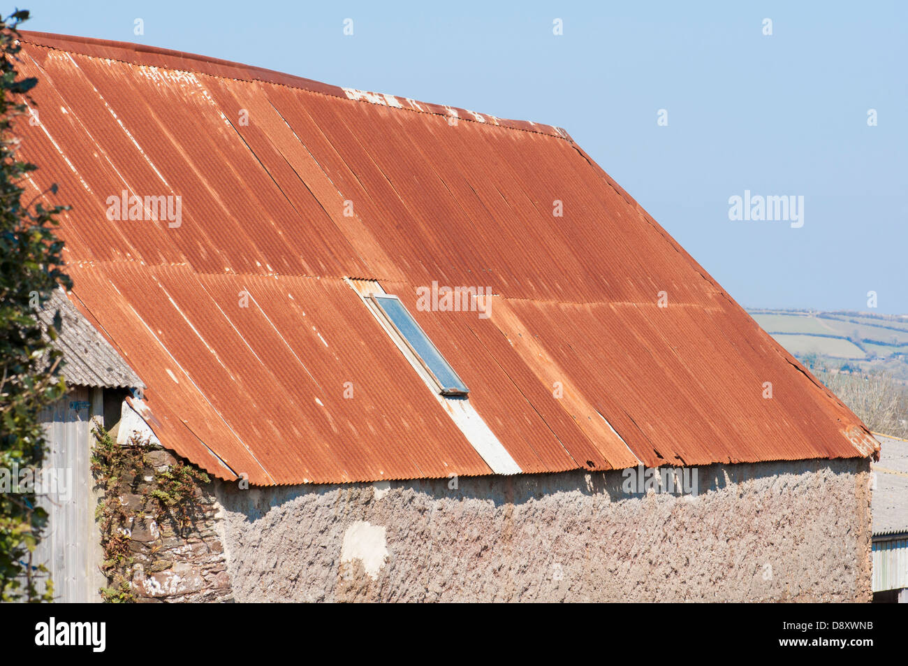 Devon fienile con rosso ruggine di ferro ondulato tetto contro lo sfondo della molla blu cielo. Foto Stock