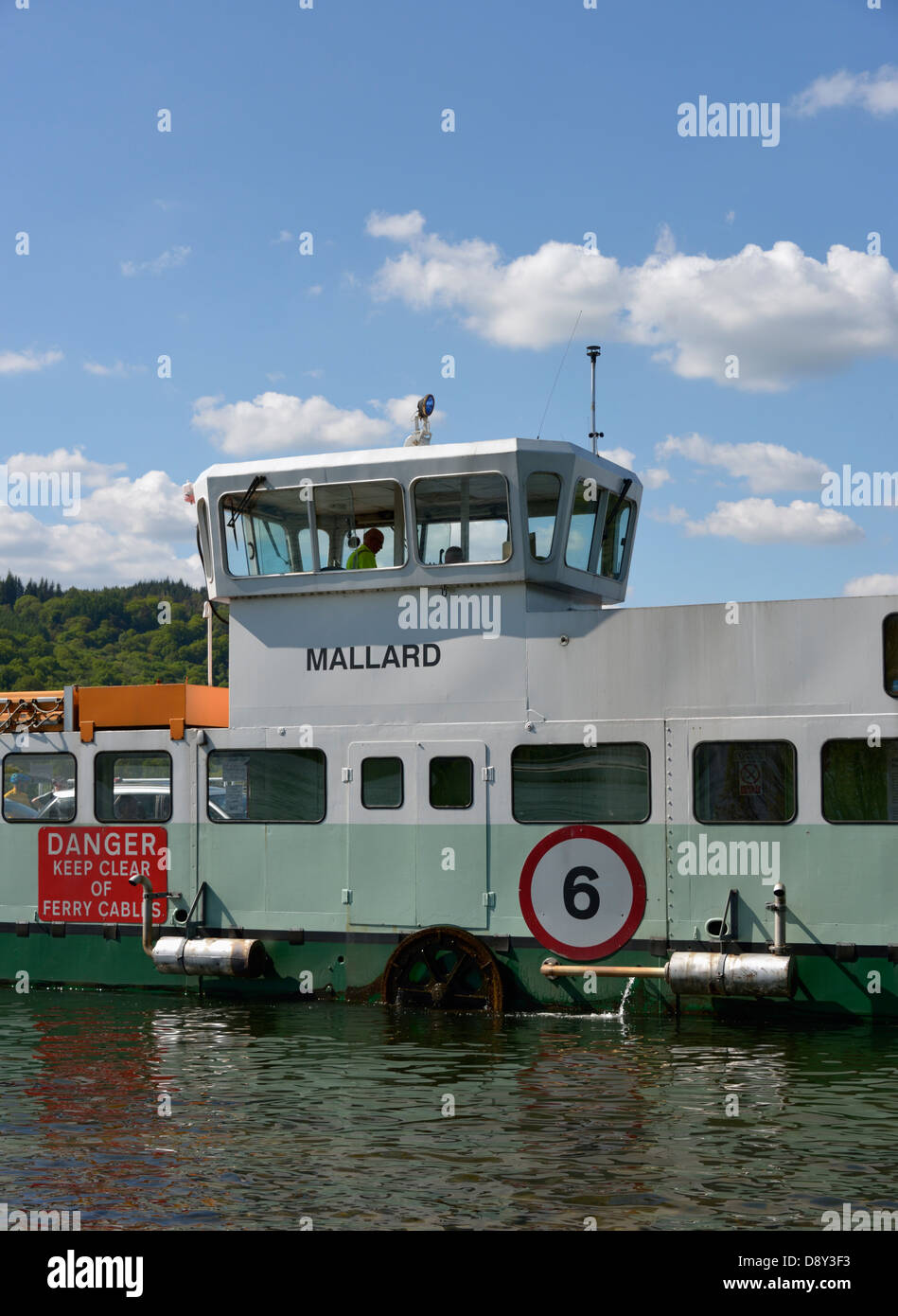 Windermere ferry, 'Mallard', (dettaglio). Bowness-on Windermere, Parco Nazionale del Distretto dei Laghi, Cumbria, Inghilterra, Regno Unito. Foto Stock