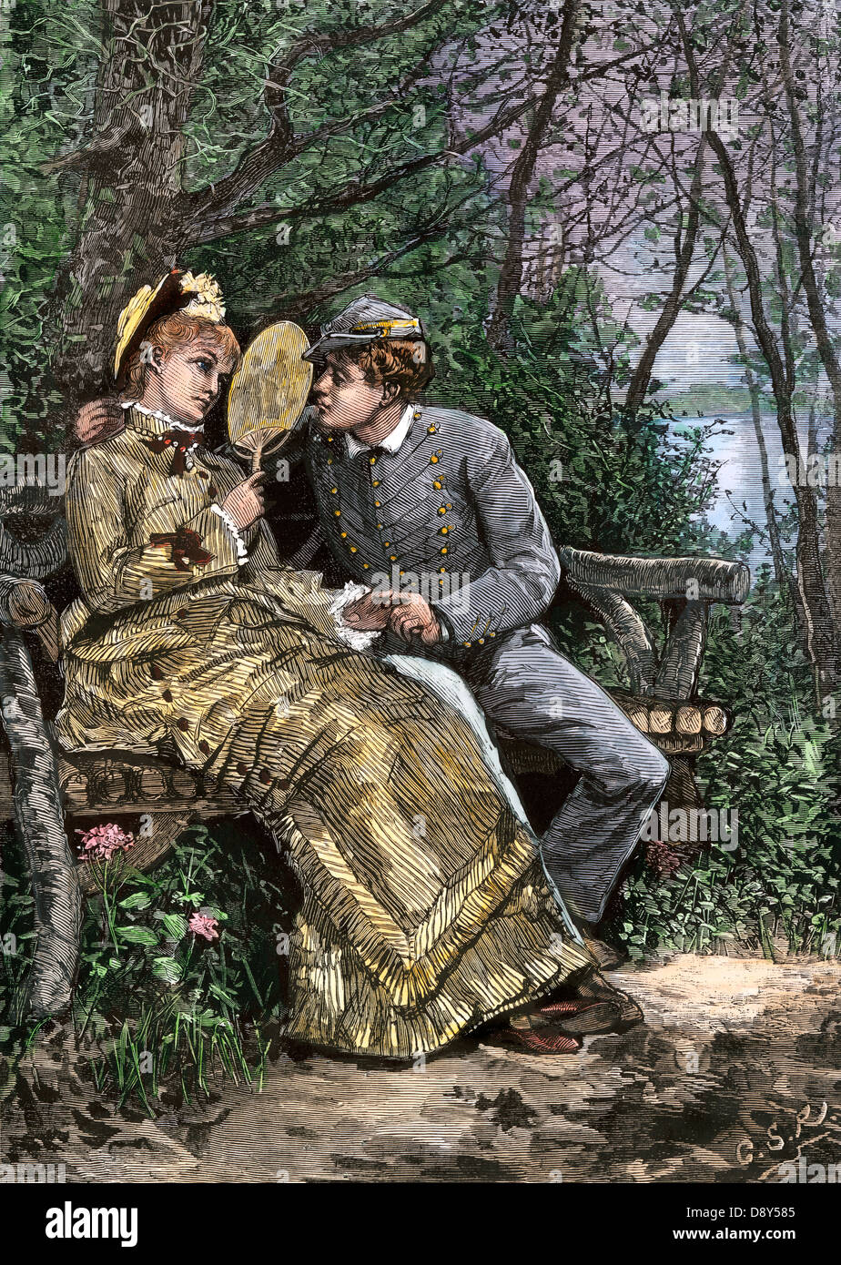 West Point Cadet corteggia una giovane donna, 1870s. Colorate a mano la xilografia Foto Stock