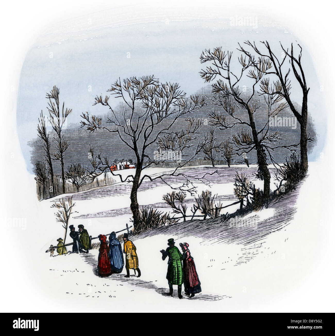 Persone di andare a un vicino di festa di Natale nel paese. Colorate a mano la xilografia di un Caldecott illustrazione Foto Stock