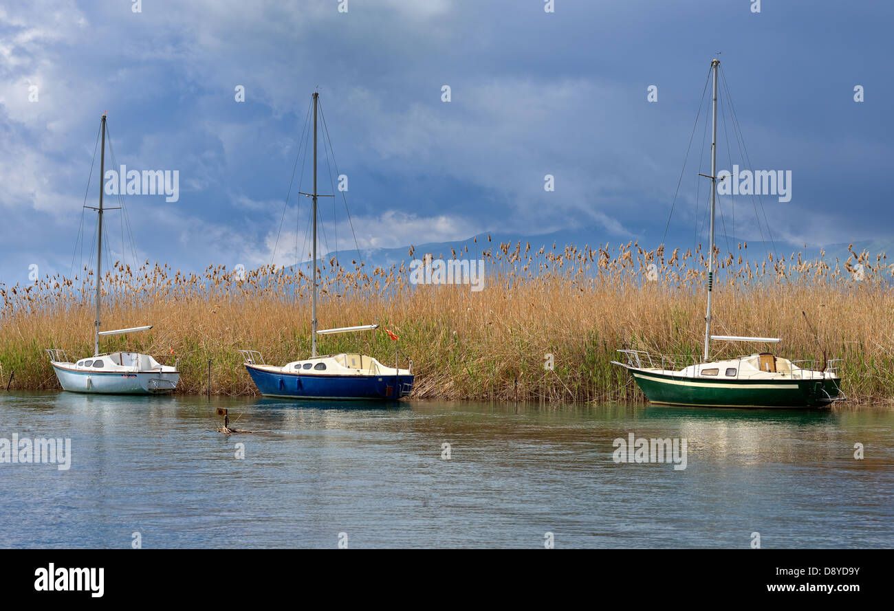 Barche sul lago di Ohrid in Macedonia Foto Stock