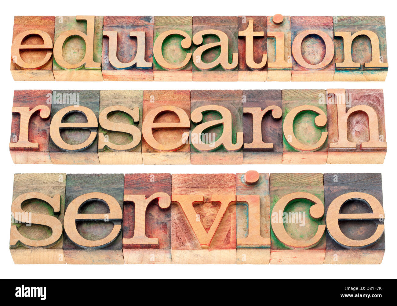 Educazione, ricerca e servizio parole - possibile università o college slogan o dichiarazione Foto Stock