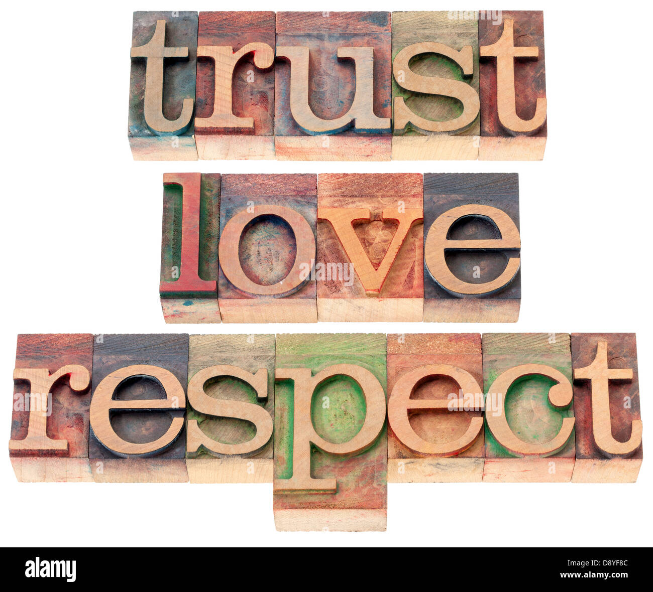 La fiducia, amore, rispetto parole - Concetto di relazione - testo isolato in rilievografia tipo legno Foto Stock